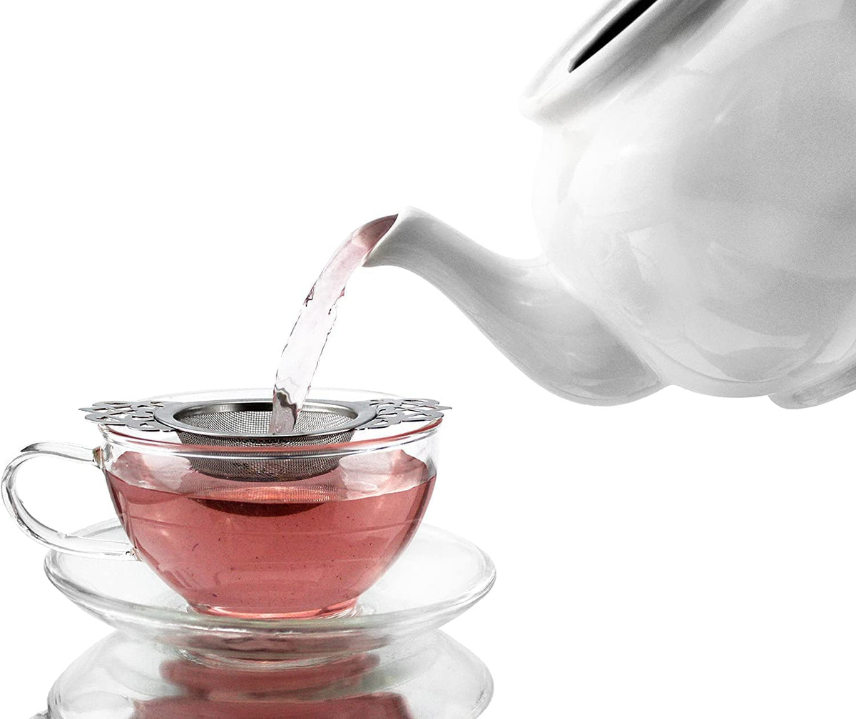 Solstice Empress Tea Strainers with Drip Bowls (2-Pack); Elegant Stainless Steel Loose Leaf Tea Strainers