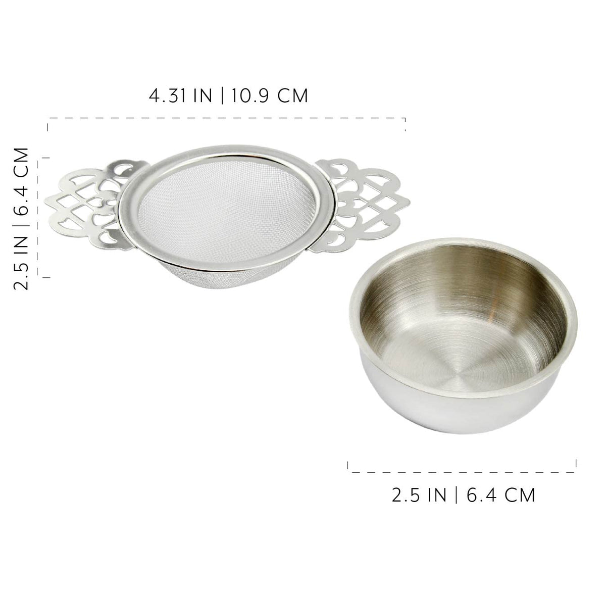 Solstice Empress Tea Strainers with Drip Bowls (2-Pack); Elegant Stainless Steel Loose Leaf Tea Strainers