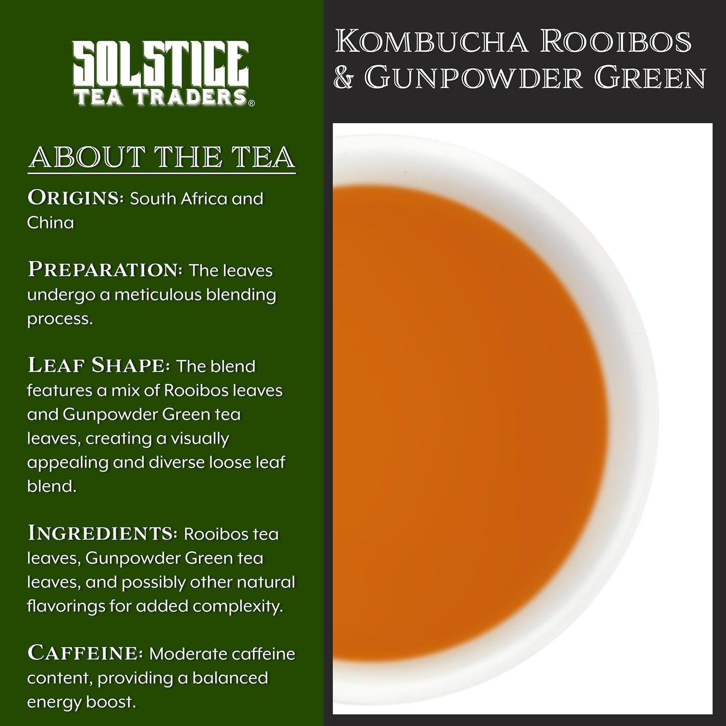 Kombucha Loose Leaf Tea Blend "Rooibos Herbal/Gunpowder Green" (8 oz); Handmade Custom Blend For Brewing; Creates 15+ Gallons