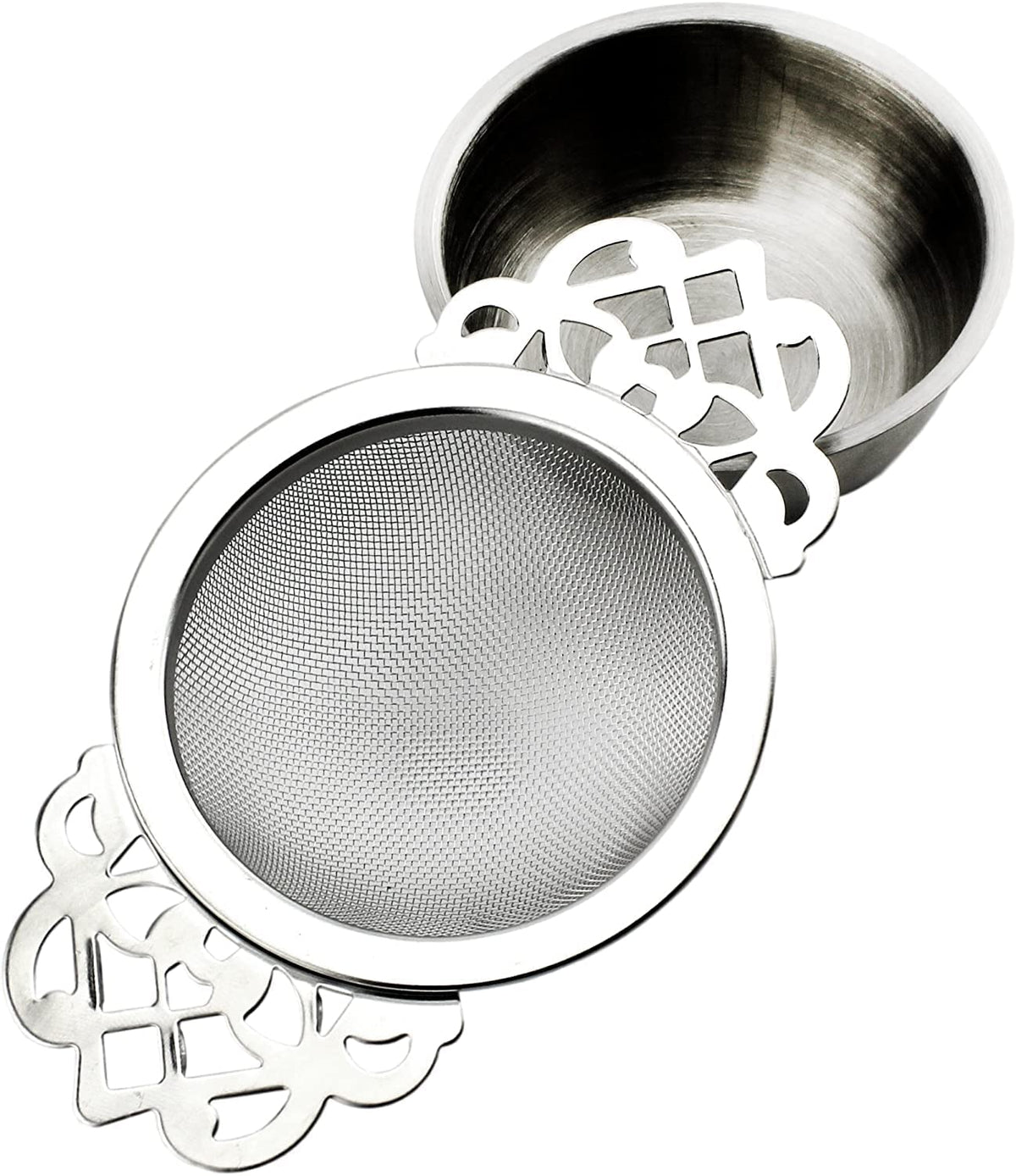 Solstice Empress Tea Strainers with Drip Bowls (2-Pack); Elegant Stainless Steel Loose Leaf Tea Strainers