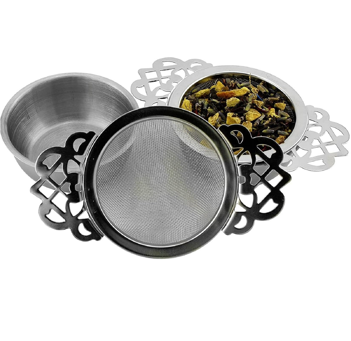 Solstice Empress Tea Strainers with Drip Bowls (2-Pack); Elegant Stainless Steel Loose Leaf Tea Strainers