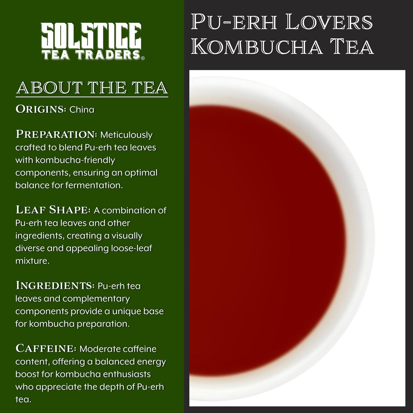 Solstice Kombucha Loose Leaf Tea"Pu-erh Lovers" (8oz); 100% Aged Pu-erh Tea; Creates 15+ Gallons