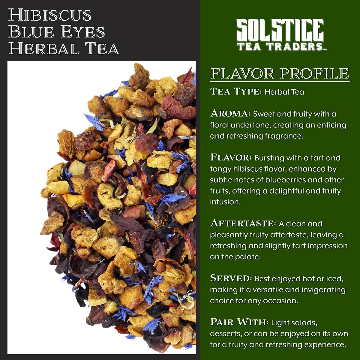 Hibiscus Blue Eyes Herbal Tea (8oz Bulk Bag); Caffeine-Free Tisane w/ Dried Flowers & Fruit
