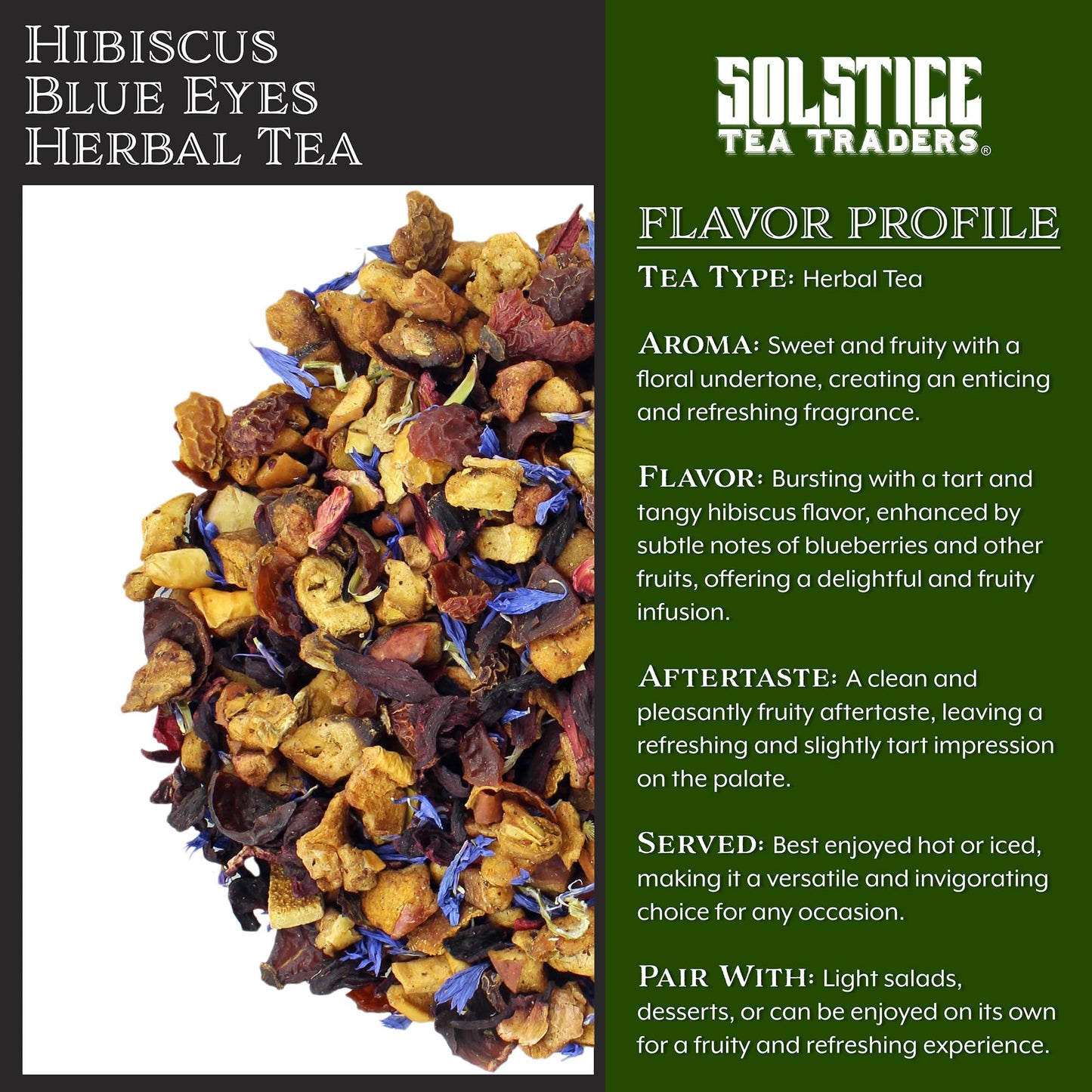 Hibiscus Blue Eyes Herbal Tea (8oz Bulk Bag); Caffeine-Free Tisane w/ Dried Flowers & Fruit