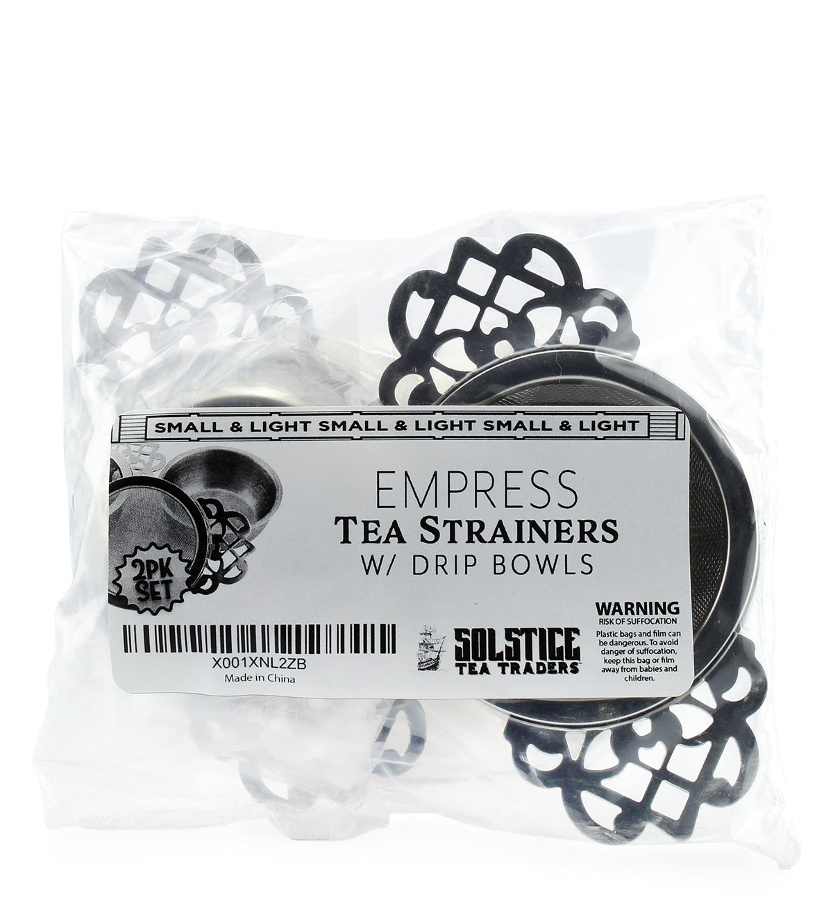 Solstice Empress Tea Strainers with Drip Bowls (2-Pack); Elegant Stainless Steel Loose Leaf Tea Strainers