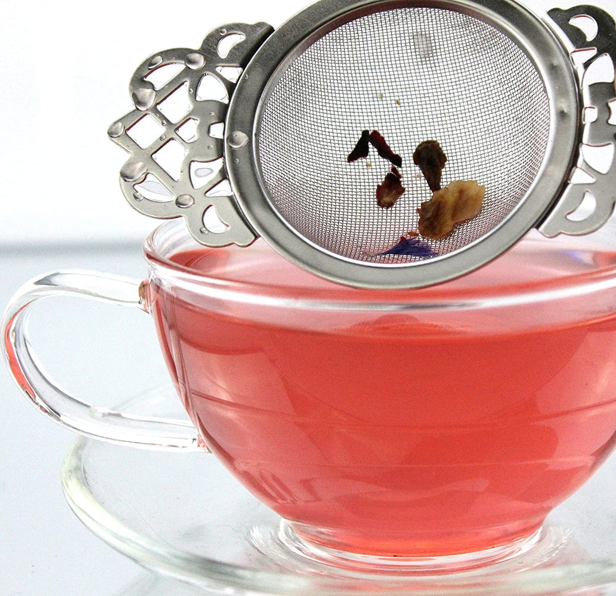 Solstice Empress Tea Strainers with Drip Bowls (2-Pack); Elegant Stainless Steel Loose Leaf Tea Strainers