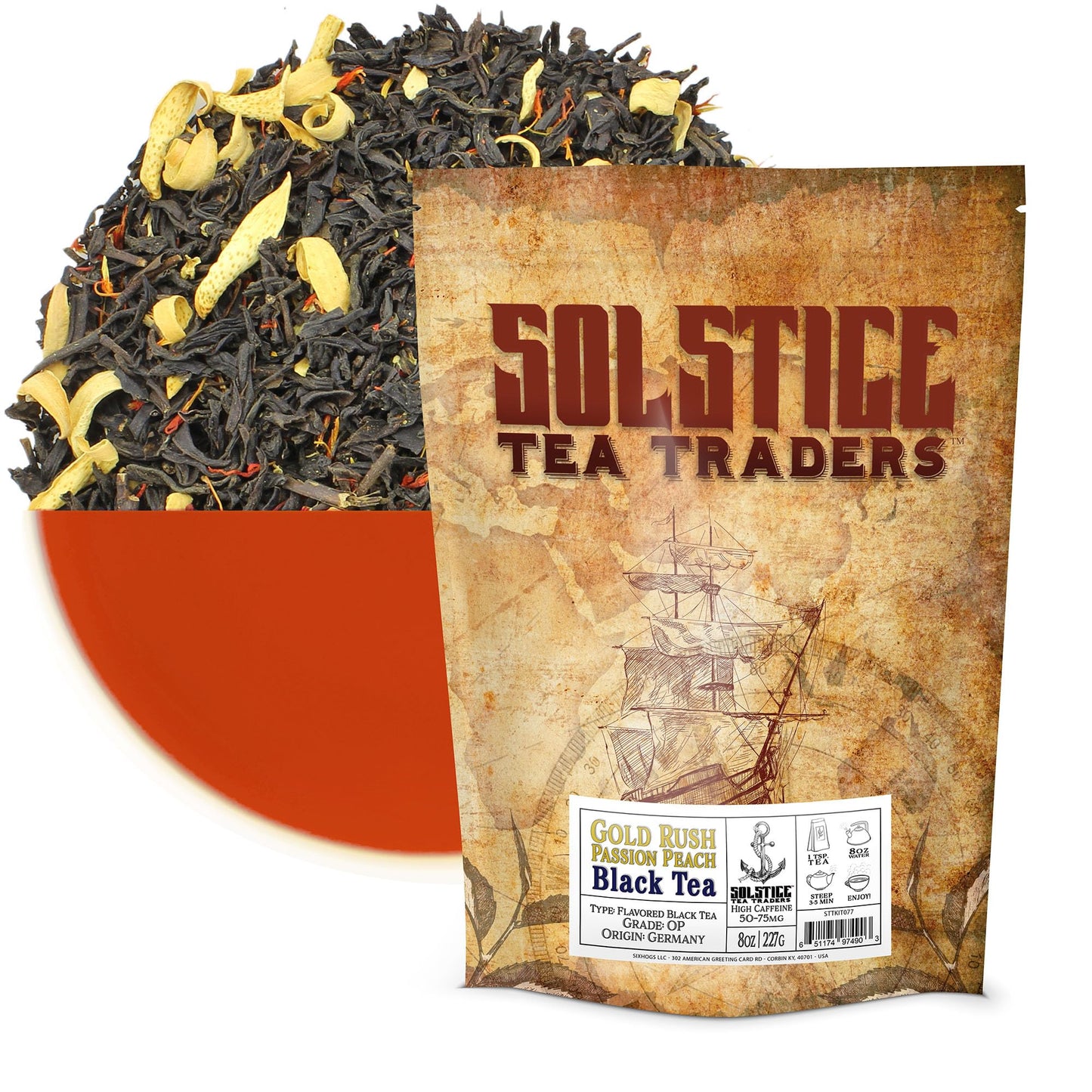 Solstice Gold Rush Loose Leaf Tea (8 Oz Bulk Bag); Black Tea Leaves with Fruit Flavors and Dried Flowers, Makes 100+ Cups