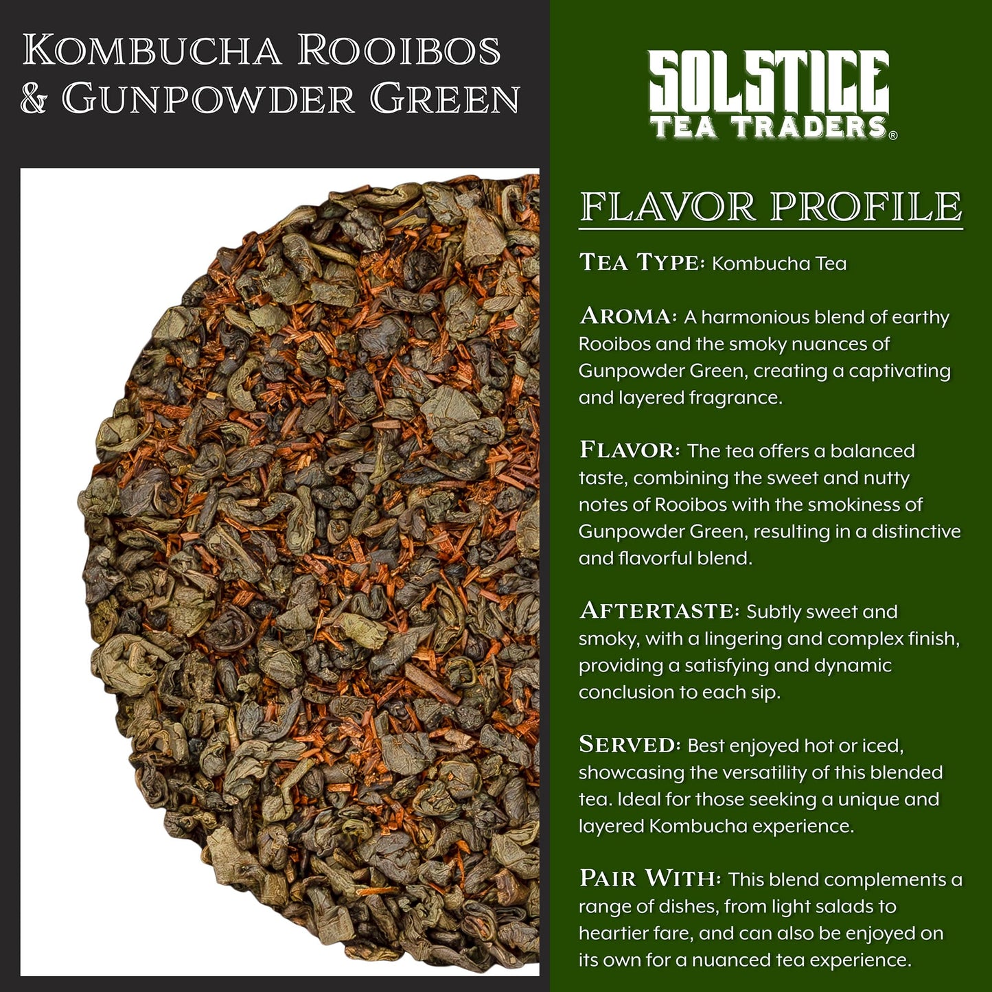 Kombucha Loose Leaf Tea Blend "Rooibos Herbal/Gunpowder Green" (8 oz); Handmade Custom Blend For Brewing; Creates 15+ Gallons
