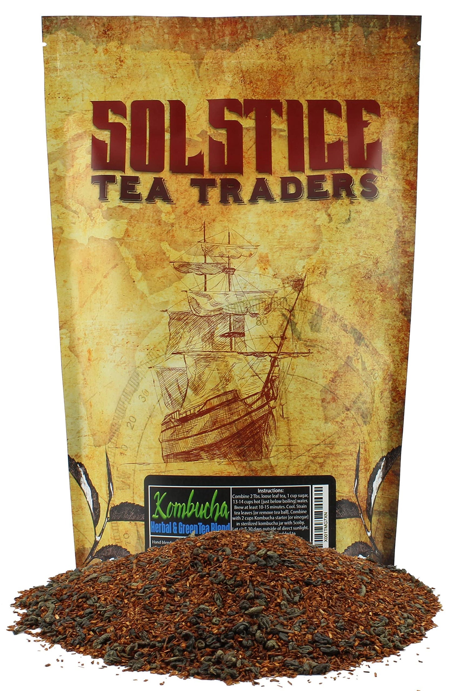 Kombucha Loose Leaf Tea Blend "Rooibos Herbal/Gunpowder Green" (8 oz); Handmade Custom Blend For Brewing; Creates 15+ Gallons