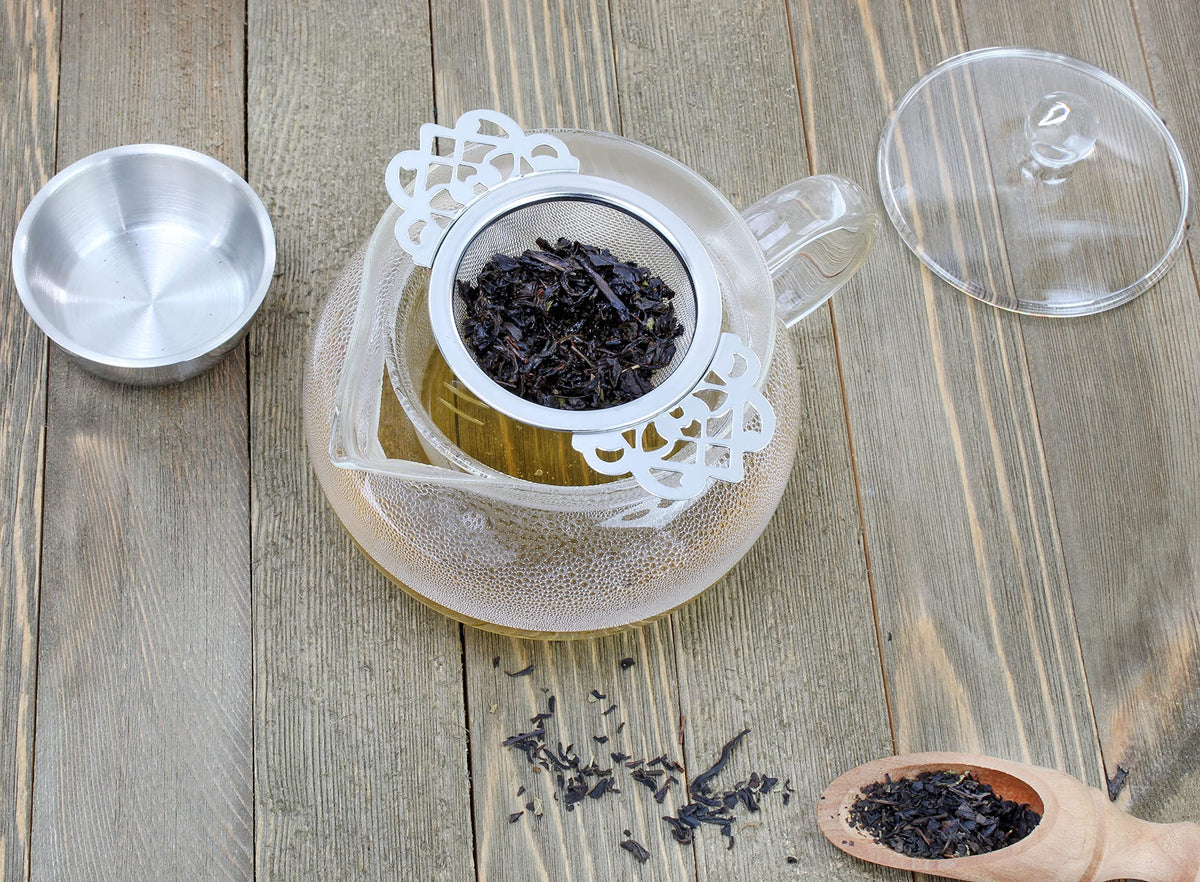 Solstice Empress Tea Strainers with Drip Bowls (2-Pack); Elegant Stainless Steel Loose Leaf Tea Strainers