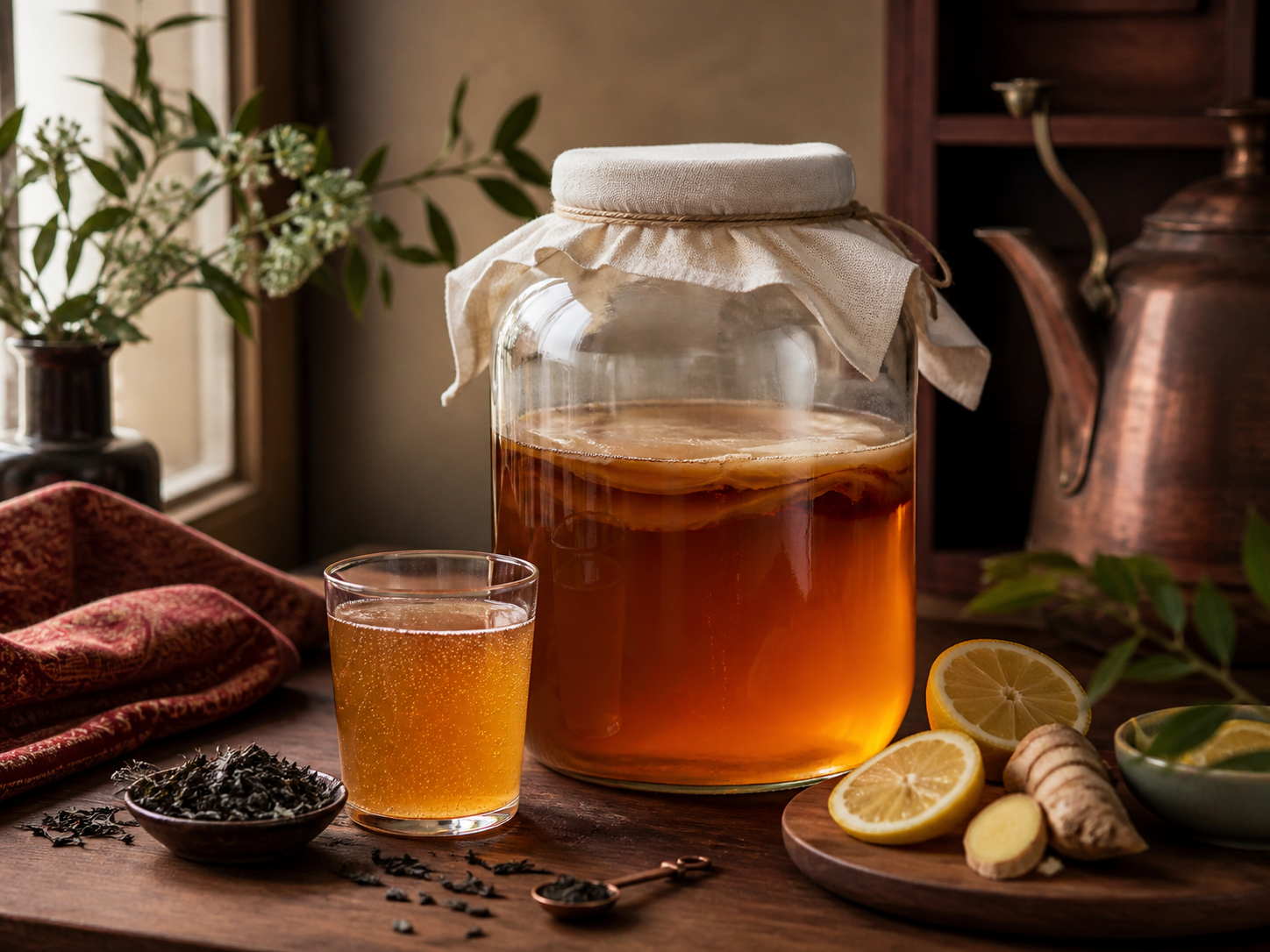 Traditional kombucha brewing jar with a finished glass