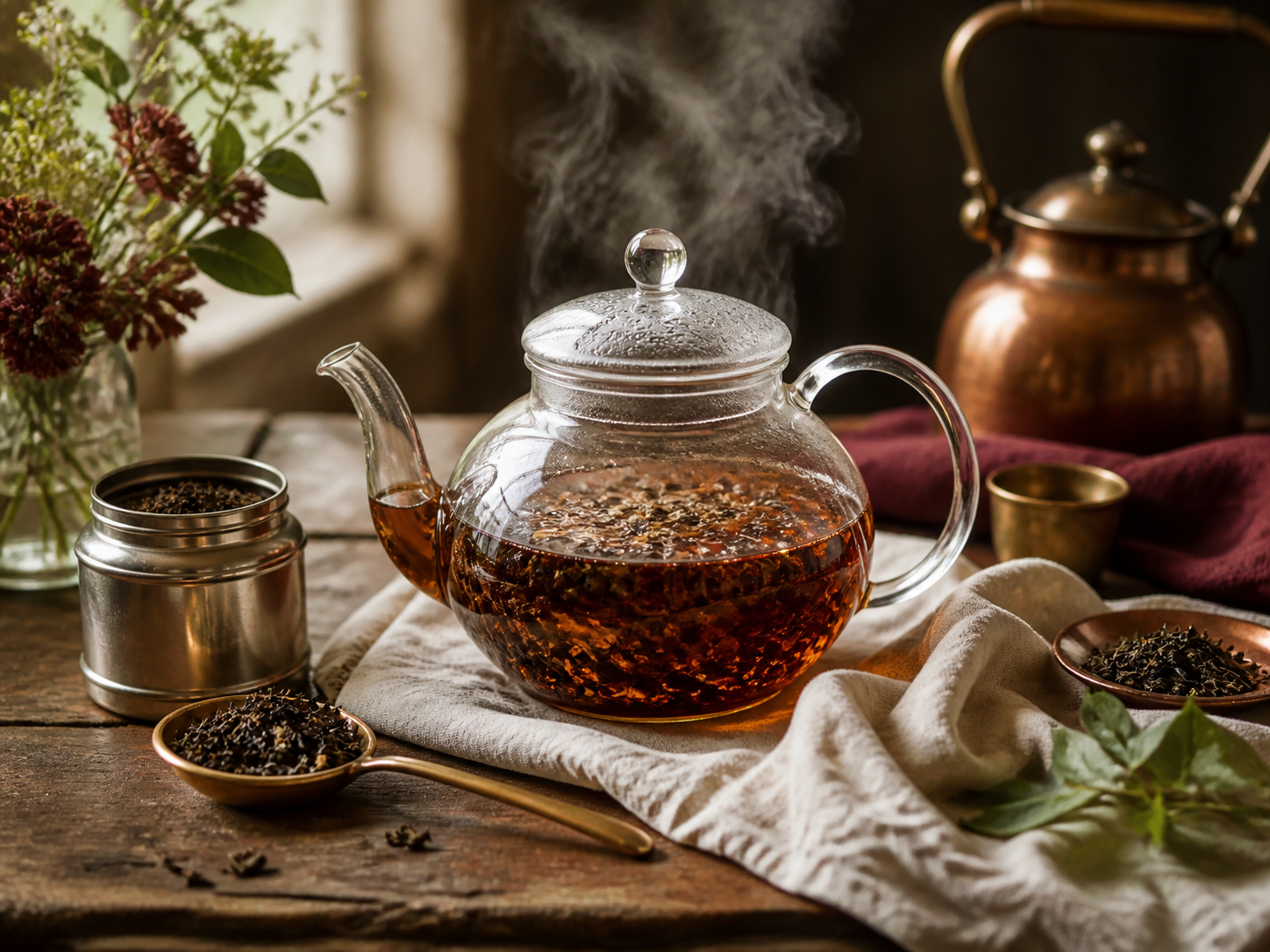 Loose-leaf tea steeping in a clear glass teapot