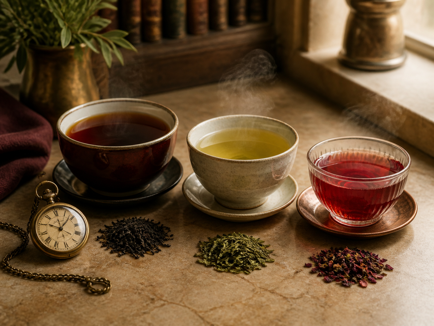 Black, green and caffeine-free herbal tea cups with loose leaves