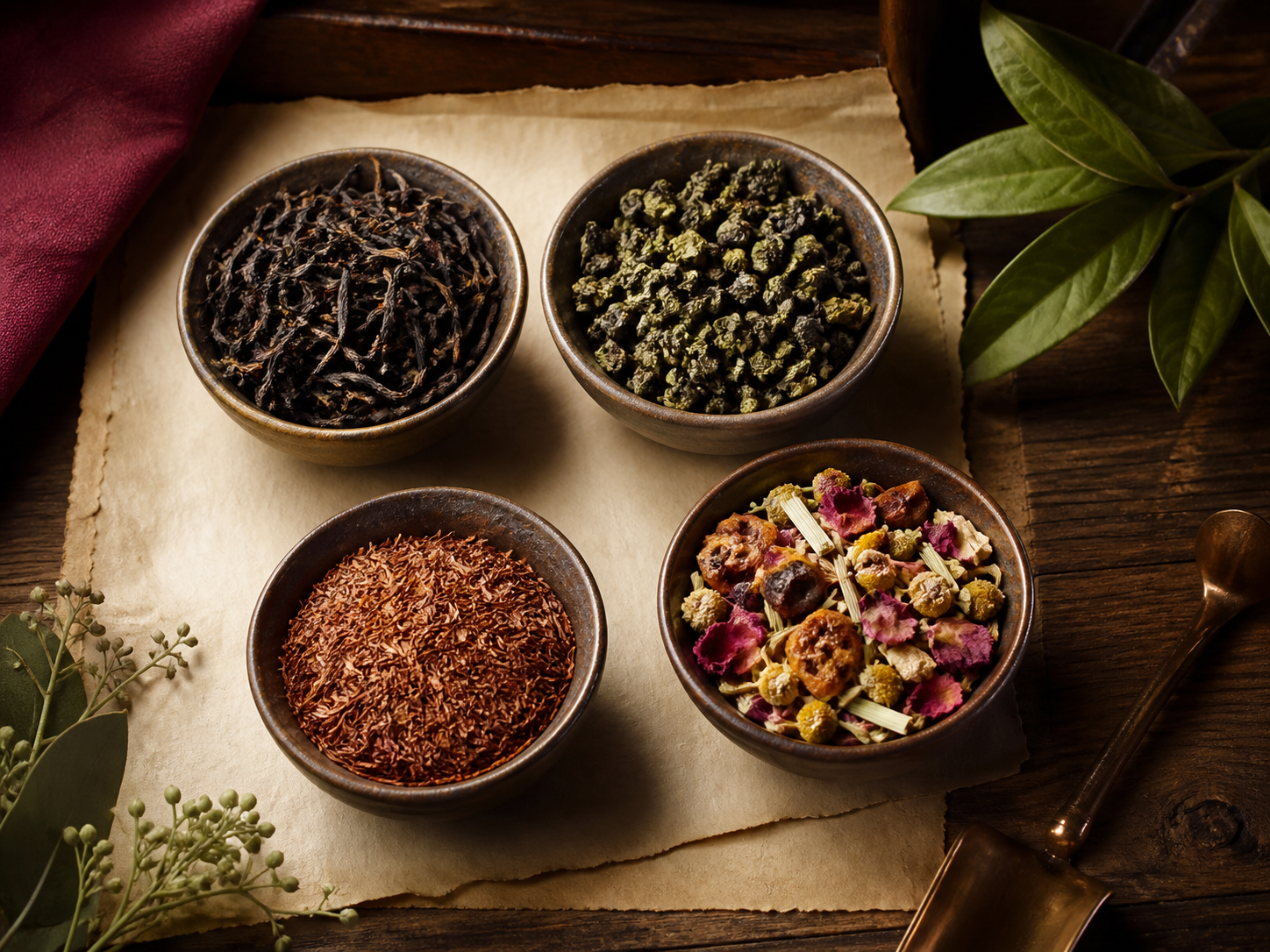 Bowls of black, green, rooibos and herbal loose-leaf teas